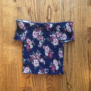NWOT Dark blue and pink floral off the shouldertop
